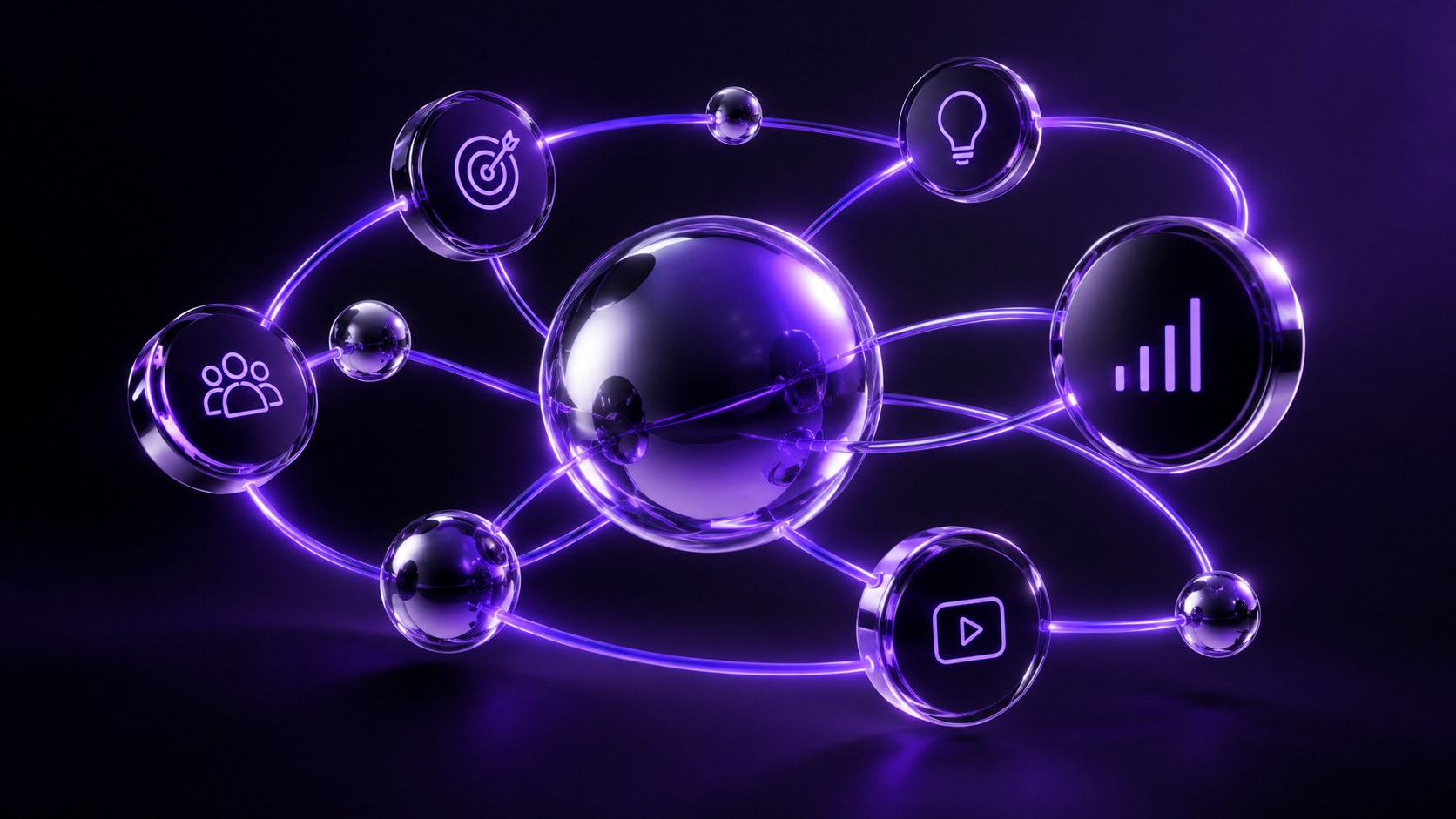 Glowing purple network of glass spheres and icons for audience, goals, ideas, performance and video, connected by neon lines.